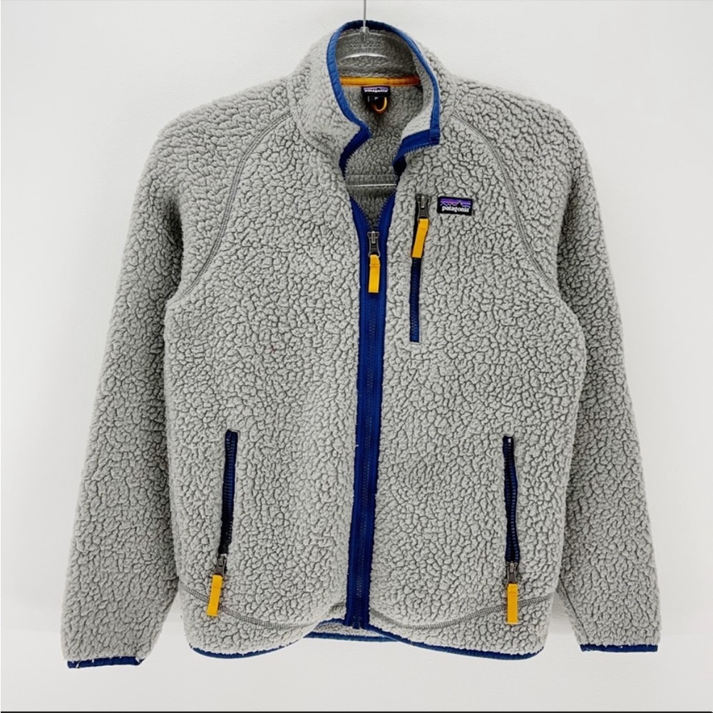boys PATAGONIA retro pile jacket coat xl 14 gray navy blue full zip